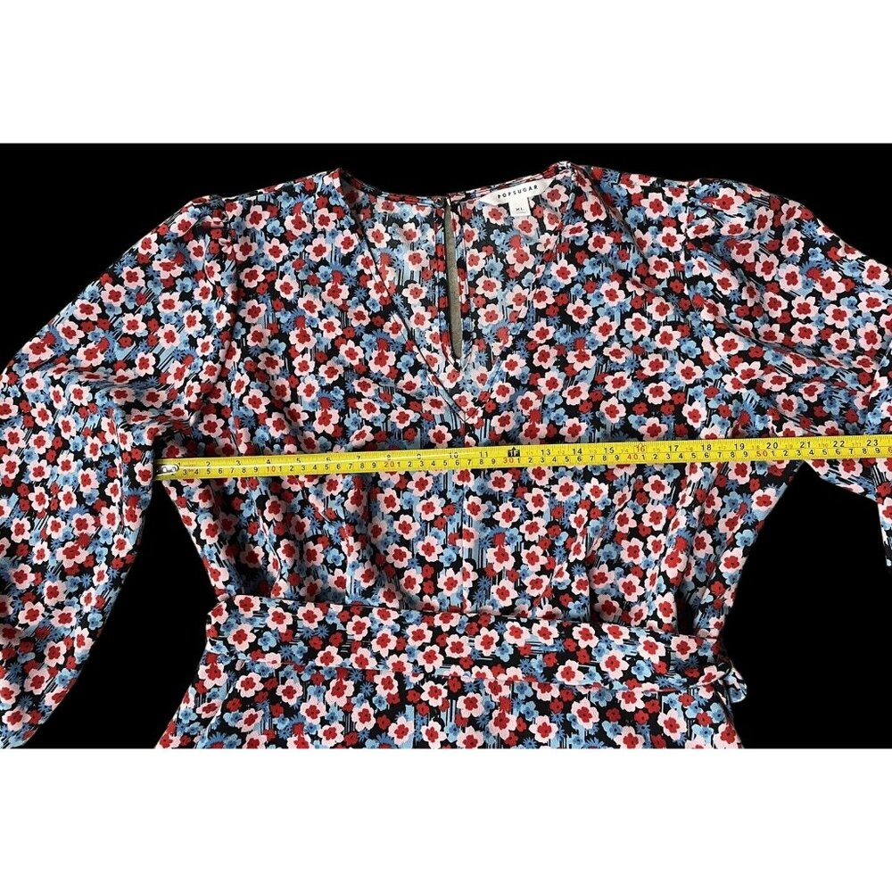 Short Mini Dress XL Daisy Flower Power Pockets Belt Red Blue V Neck Popsugar - Picture 10 of 10